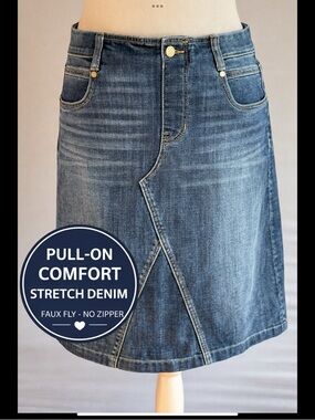 Pull On Stretch Denim Skirt Dark Wash Faux Fly Comfort Liverpool Los Angele Sz 4